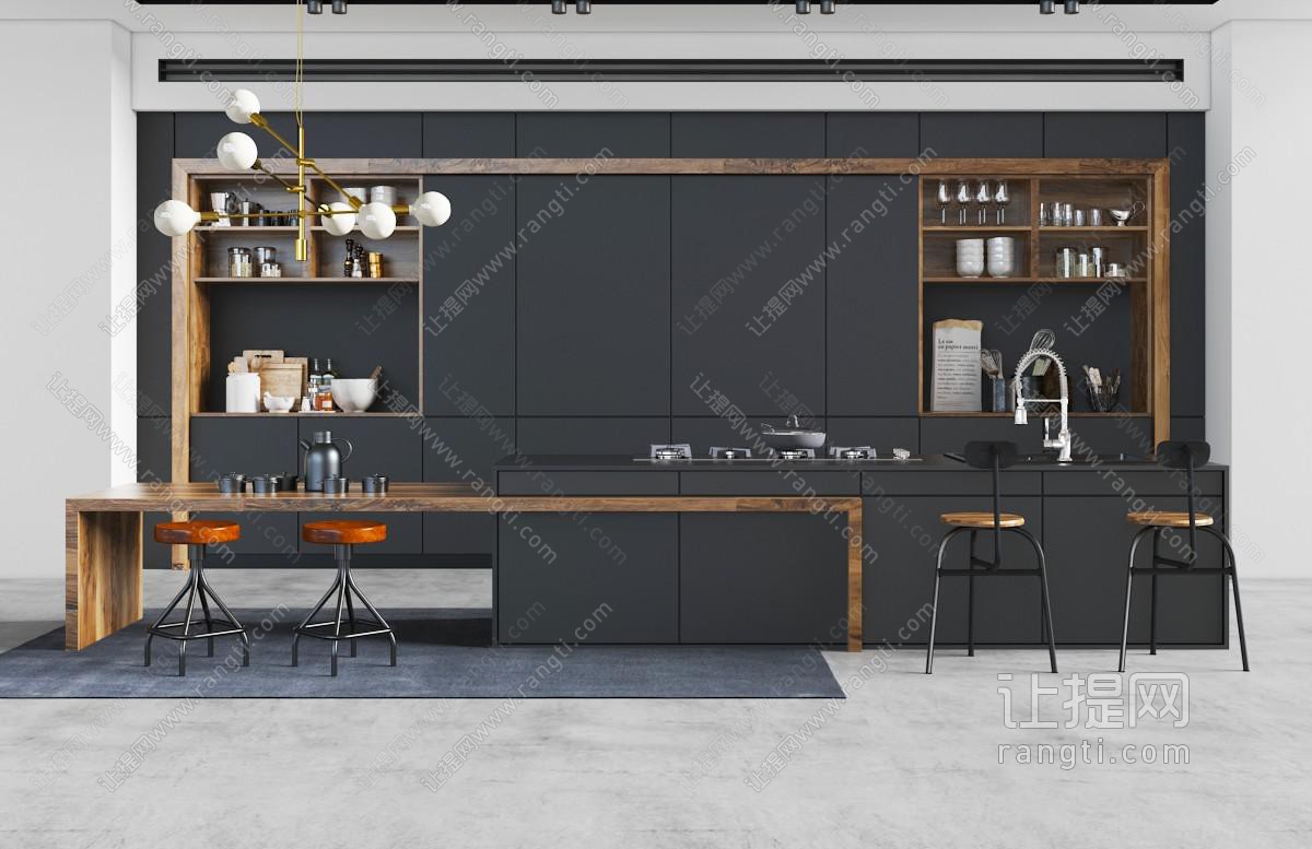 现代黑色整体橱柜、厨房中岛和实木吧台