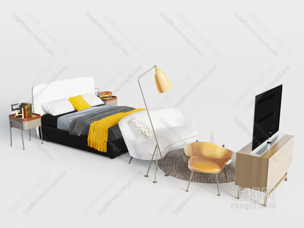现代双人床、白色双人沙发和电视柜组合