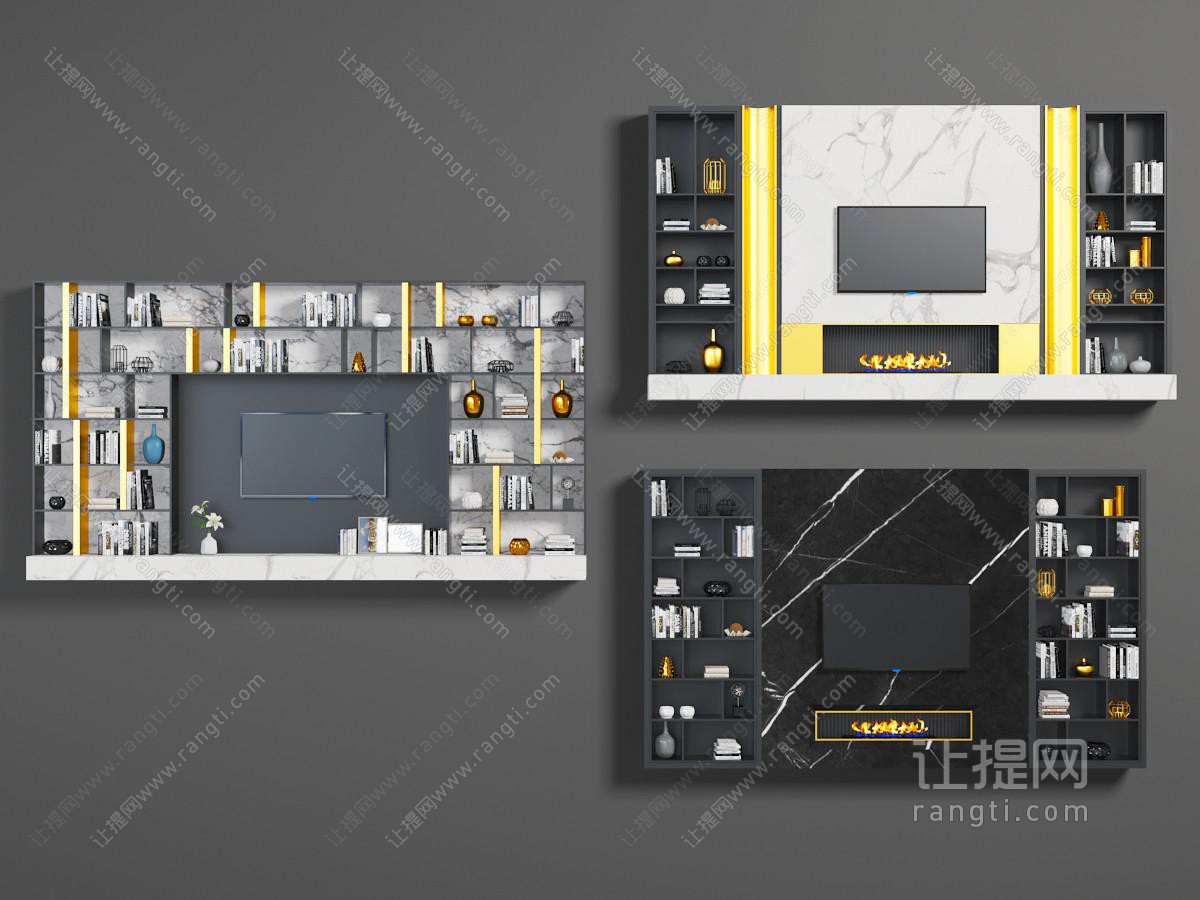 现代带收纳的大理石电视背景墙