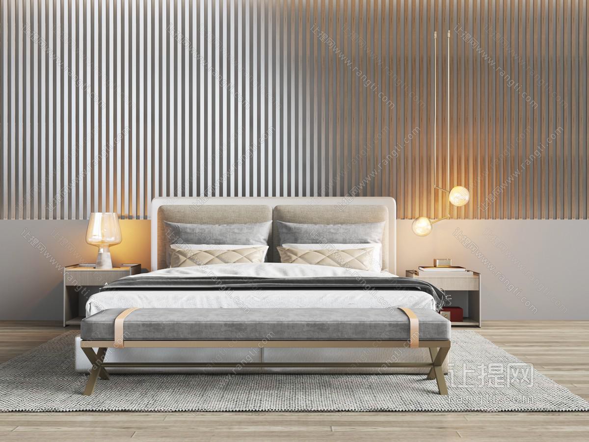 新中式灰色双人床、菱形图案靠垫和床尾凳