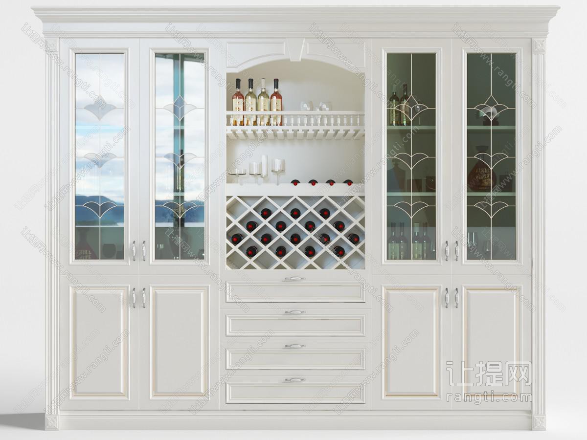 简欧白色带玻璃柜门和抽屉的餐边柜、酒柜
