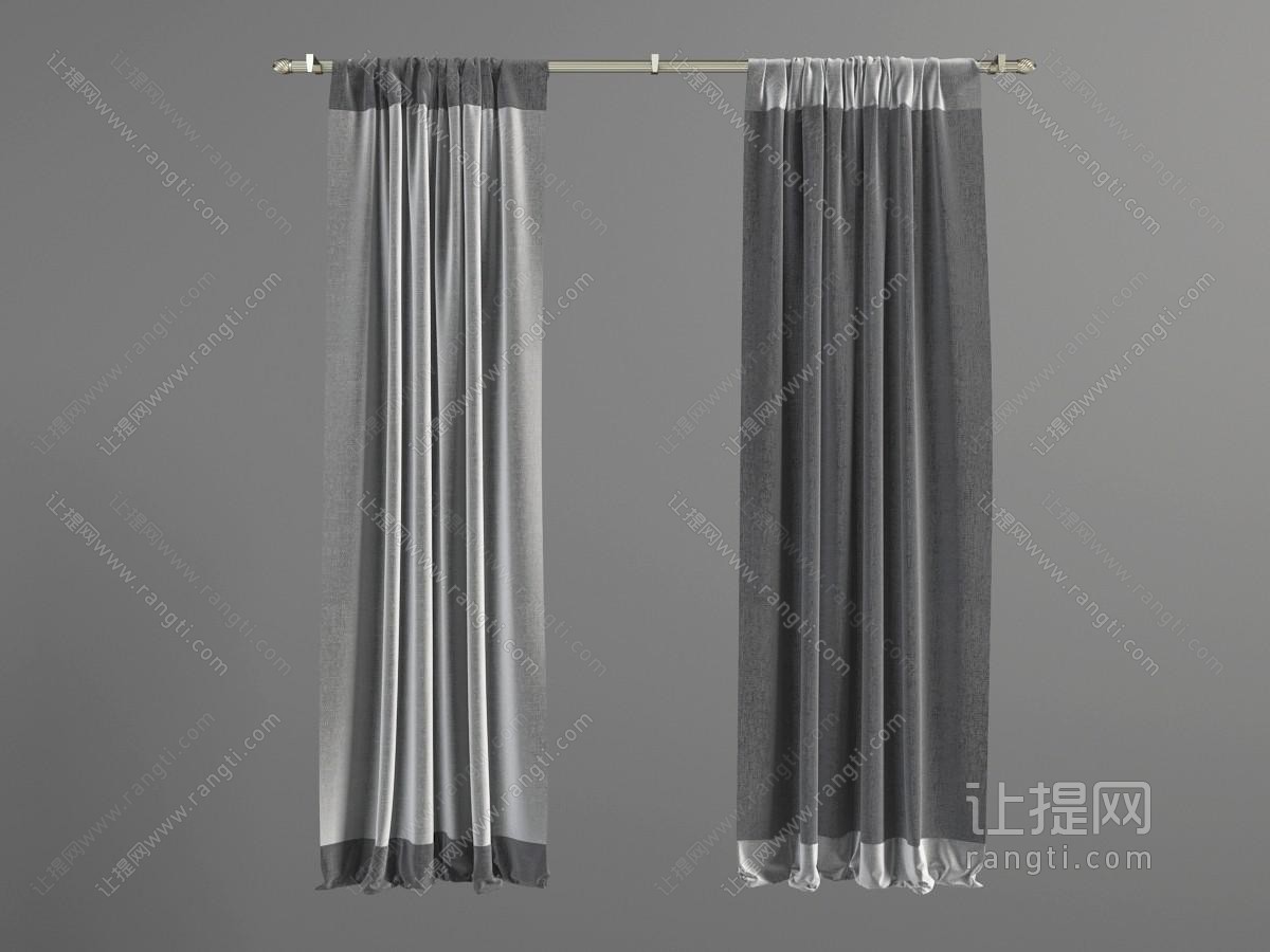 新中式窗帘杆上的灰色布艺窗帘