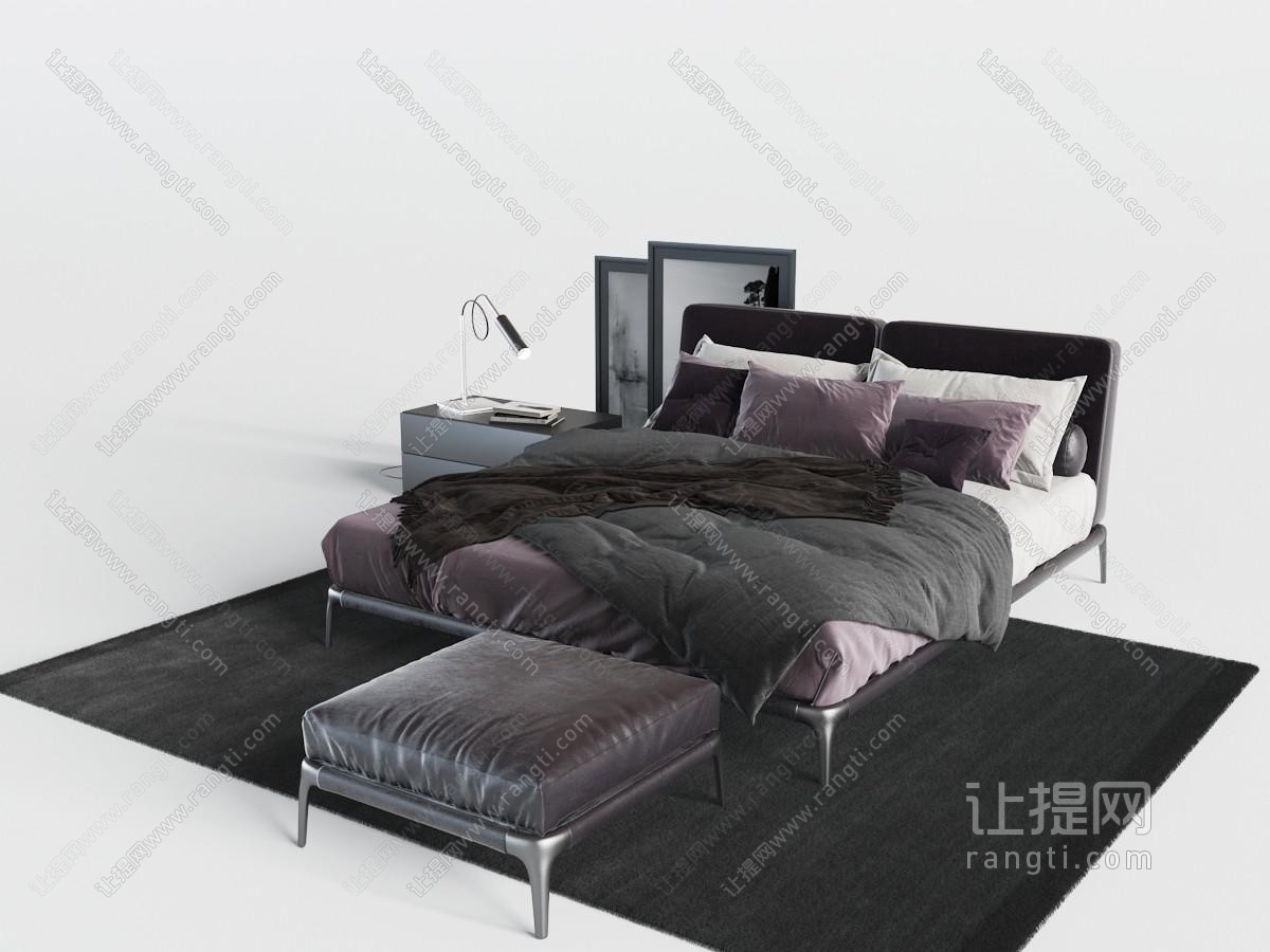 现代布艺软包双人床、床尾凳
