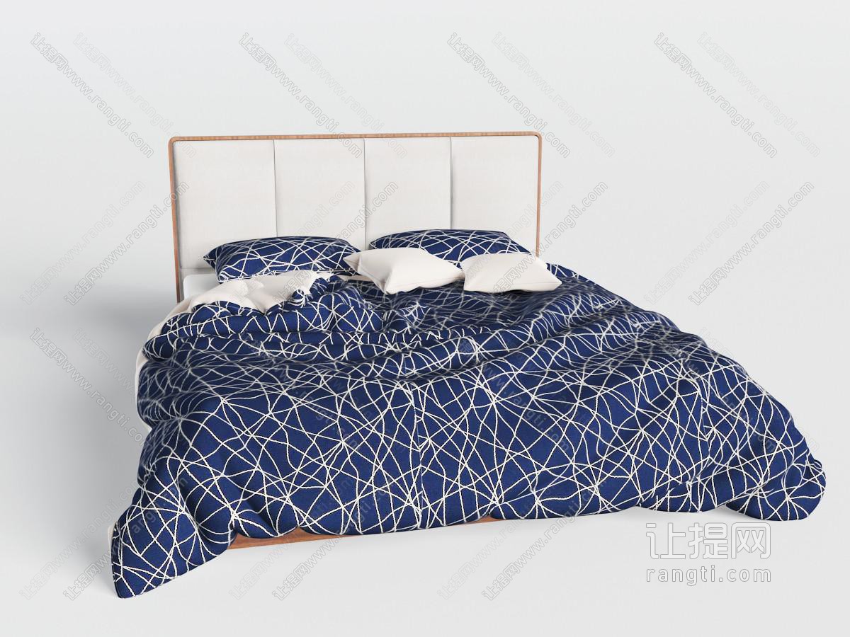 现代白色花纹蓝色布艺床品的双人床