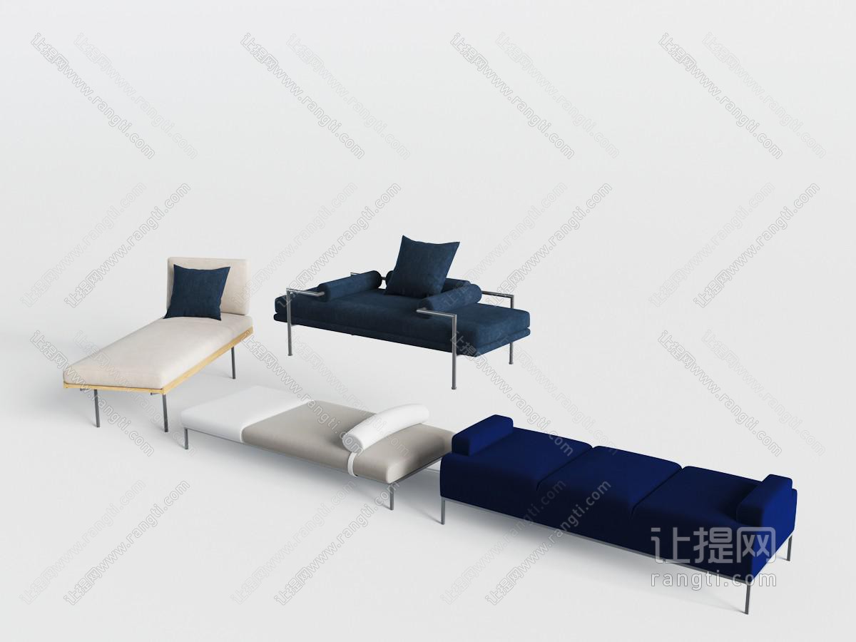 现代长方形布艺坐凳、贵妃椅组合