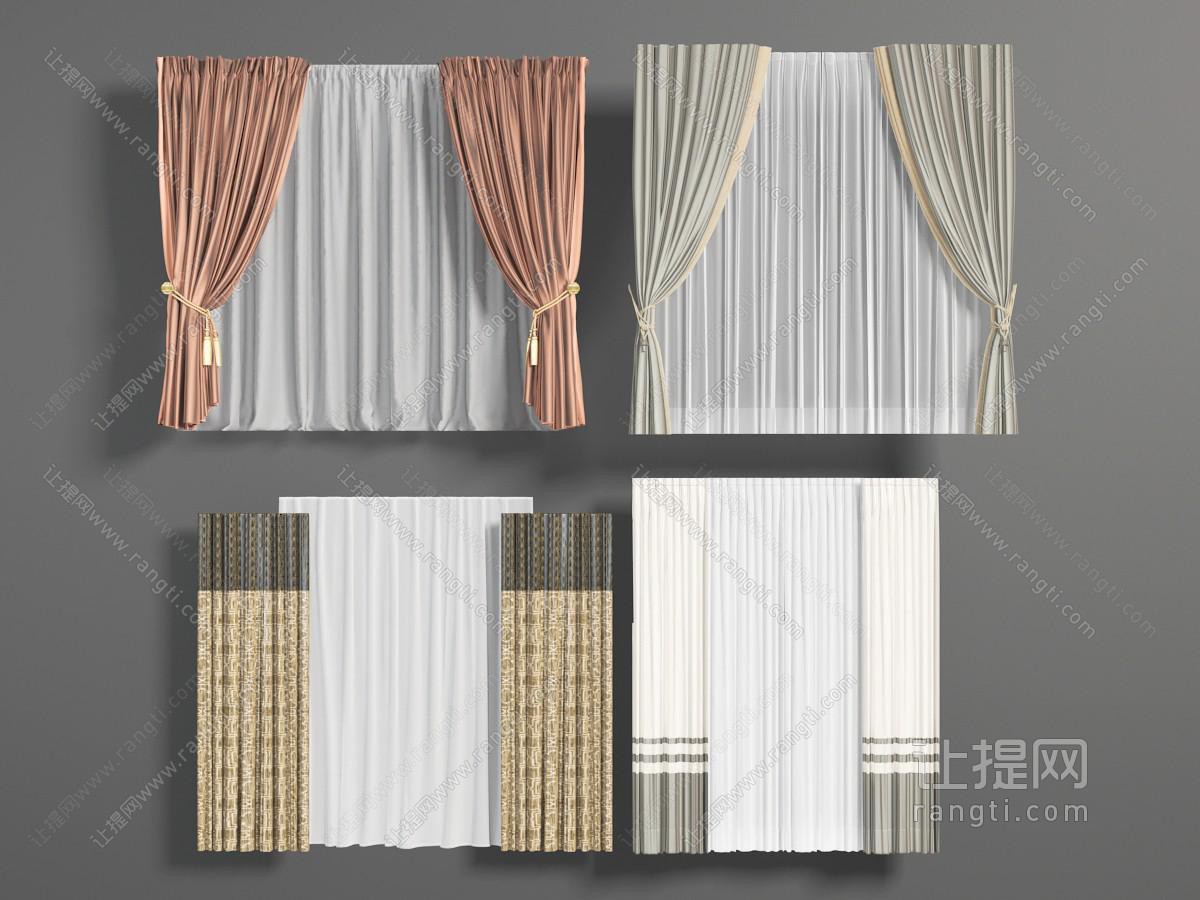 新中式纯色、带有花纹的双扇窗帘和窗纱