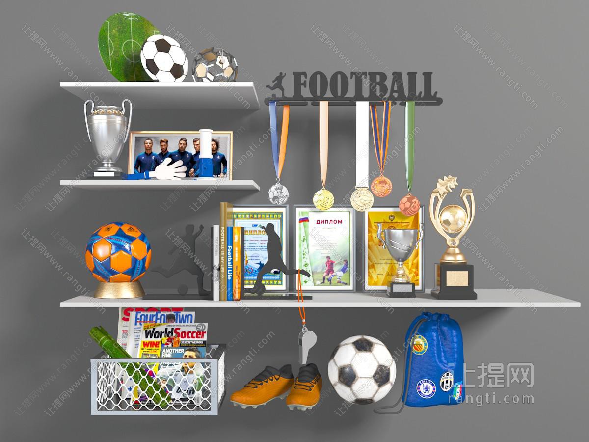 现代隔板足球奖杯奖牌置物展示架