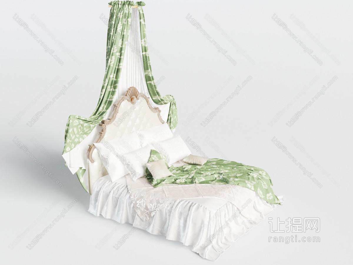 欧式带绿色花朵图案的床幔双人床
