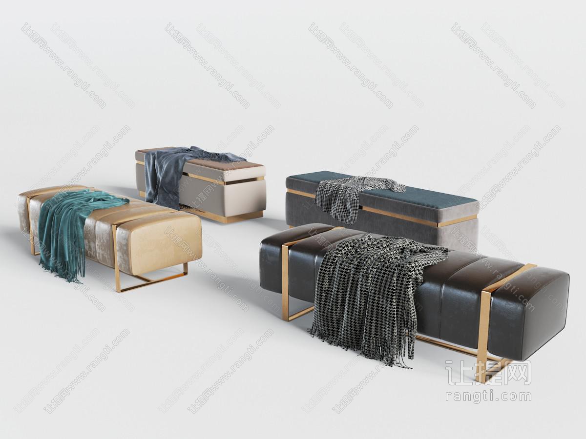 新中式现代金属方框支架的皮革坐凳