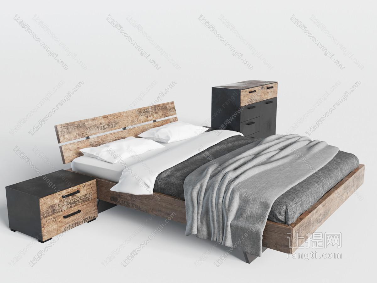 工业风带字母装饰的实木双人床、床头柜