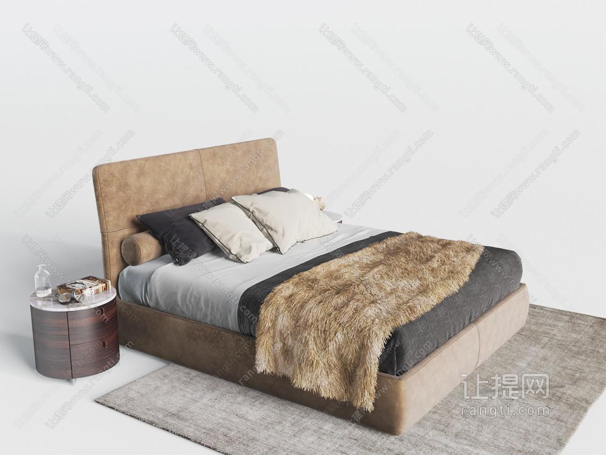 新中式皮革床头双人床、床头柜
