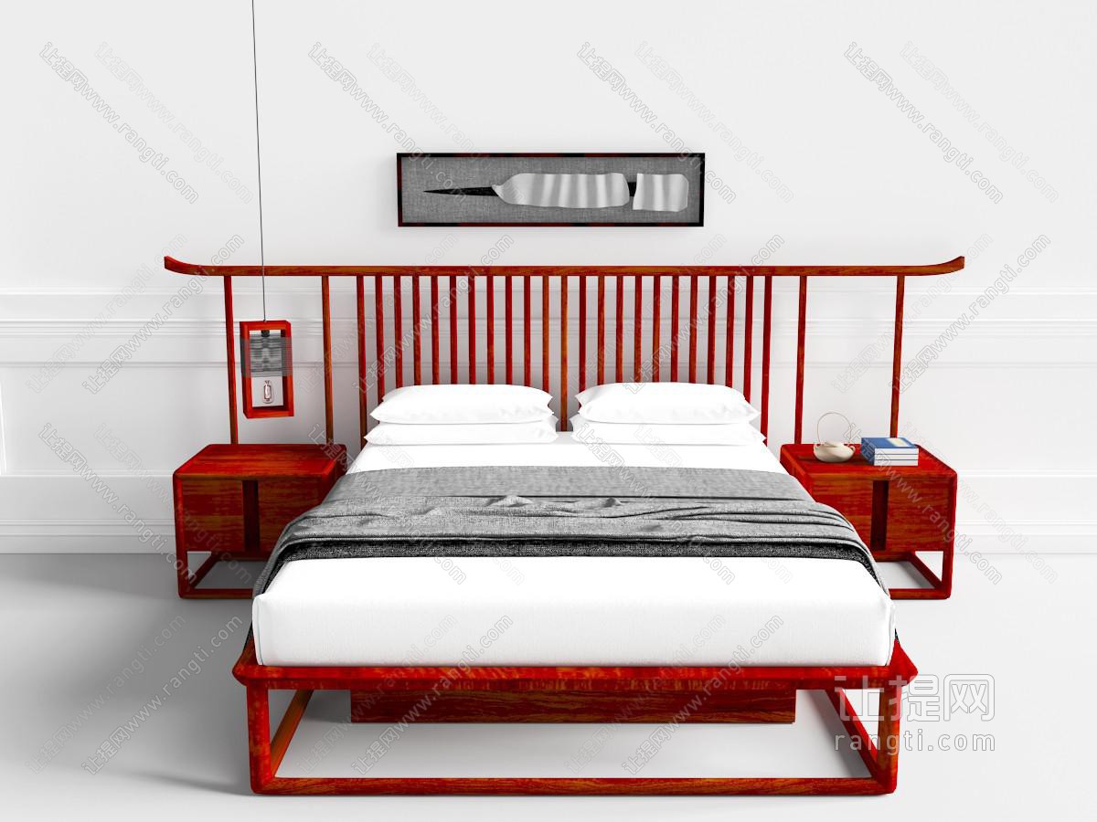 中式红色实木双人床床头柜