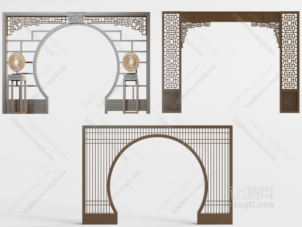 中式窗格镂空拱形门隔断