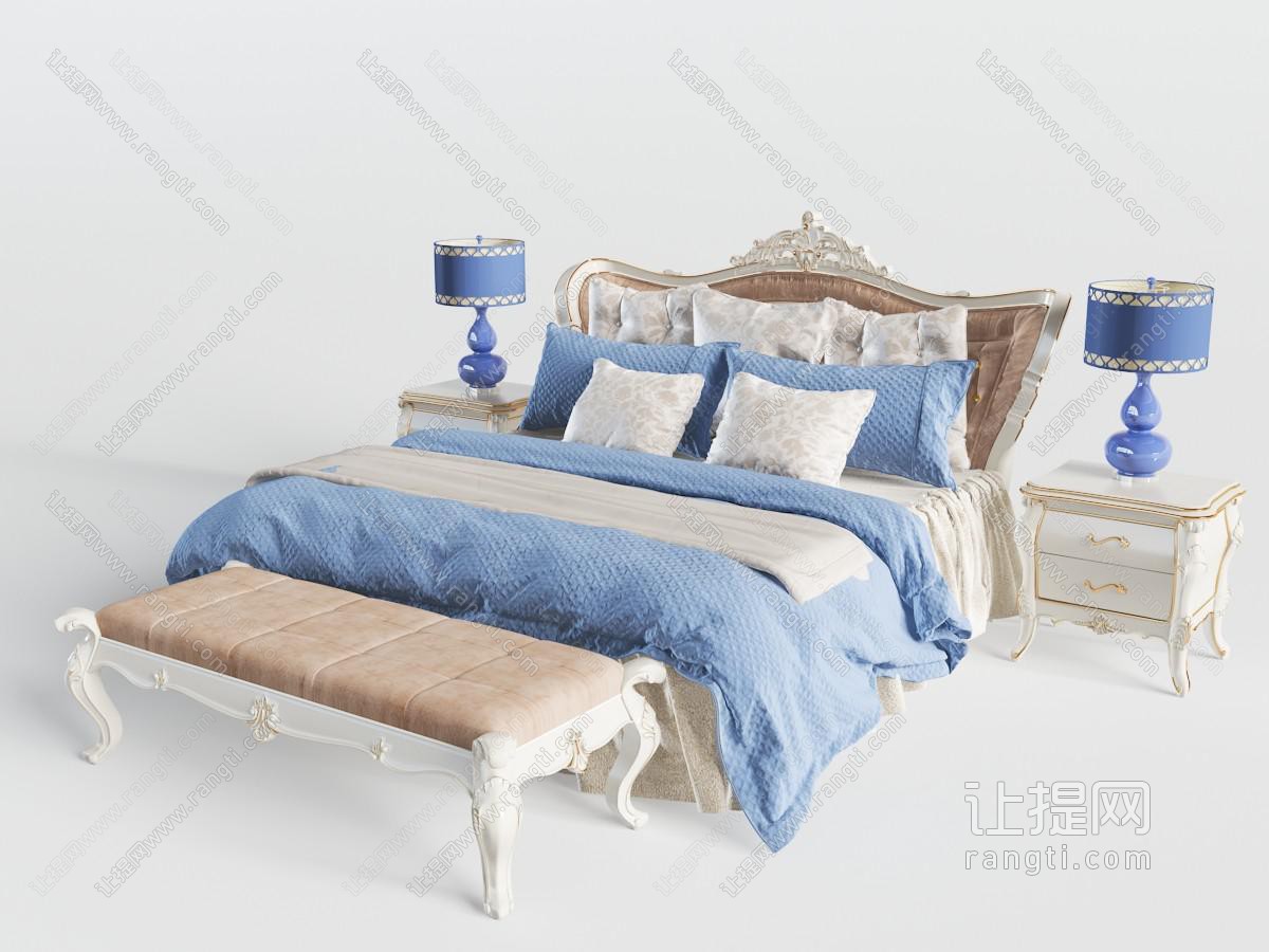 欧式软包床头双人床、床尾凳和床头柜