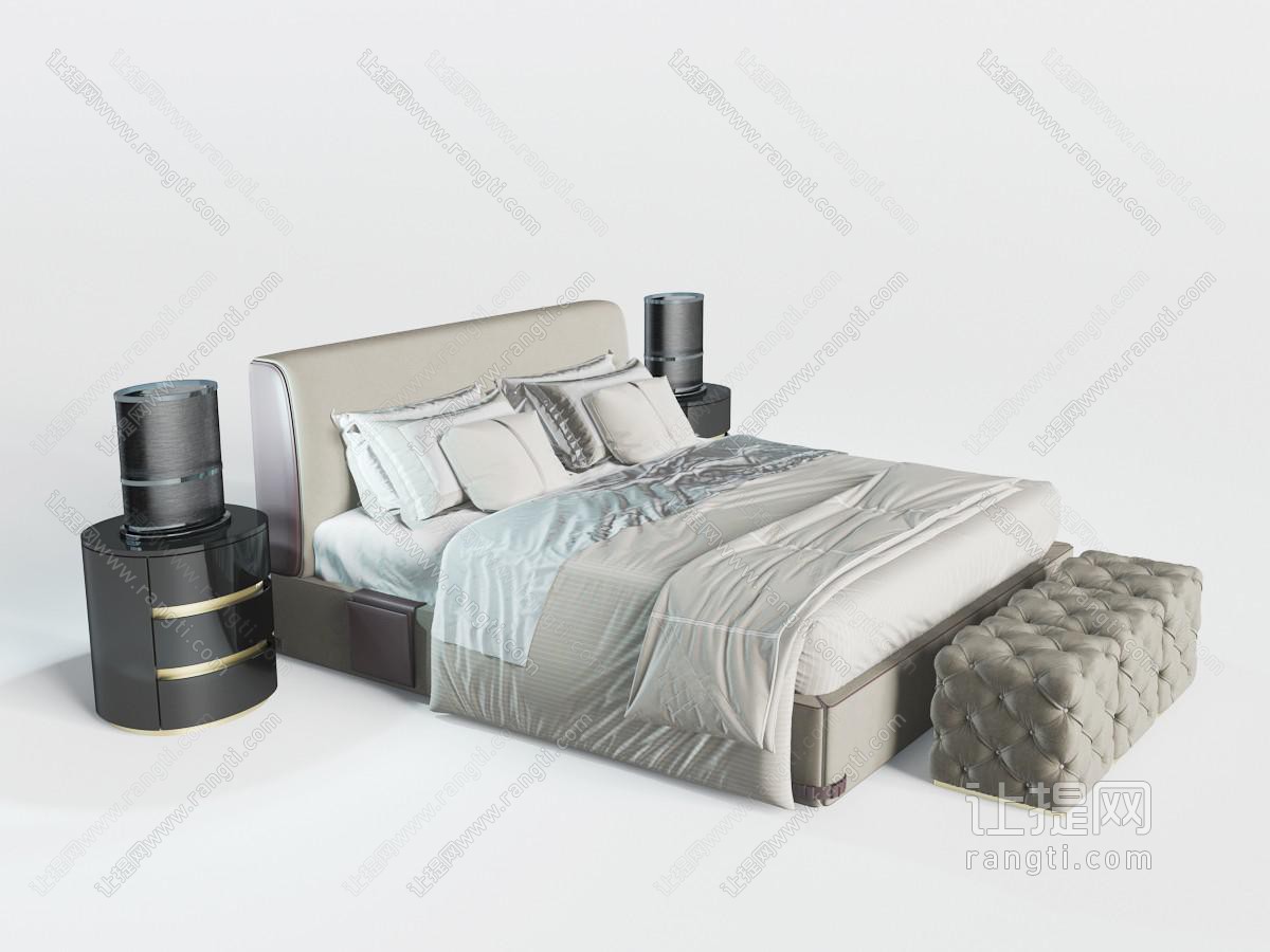 新中式现代皮革床头双人床、床头柜床尾凳