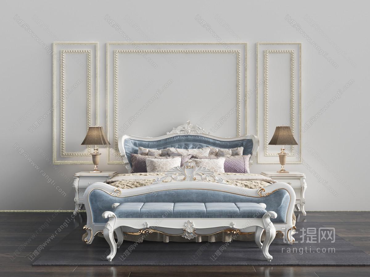 简欧复古白色雕花的蓝色双人床、床尾凳
