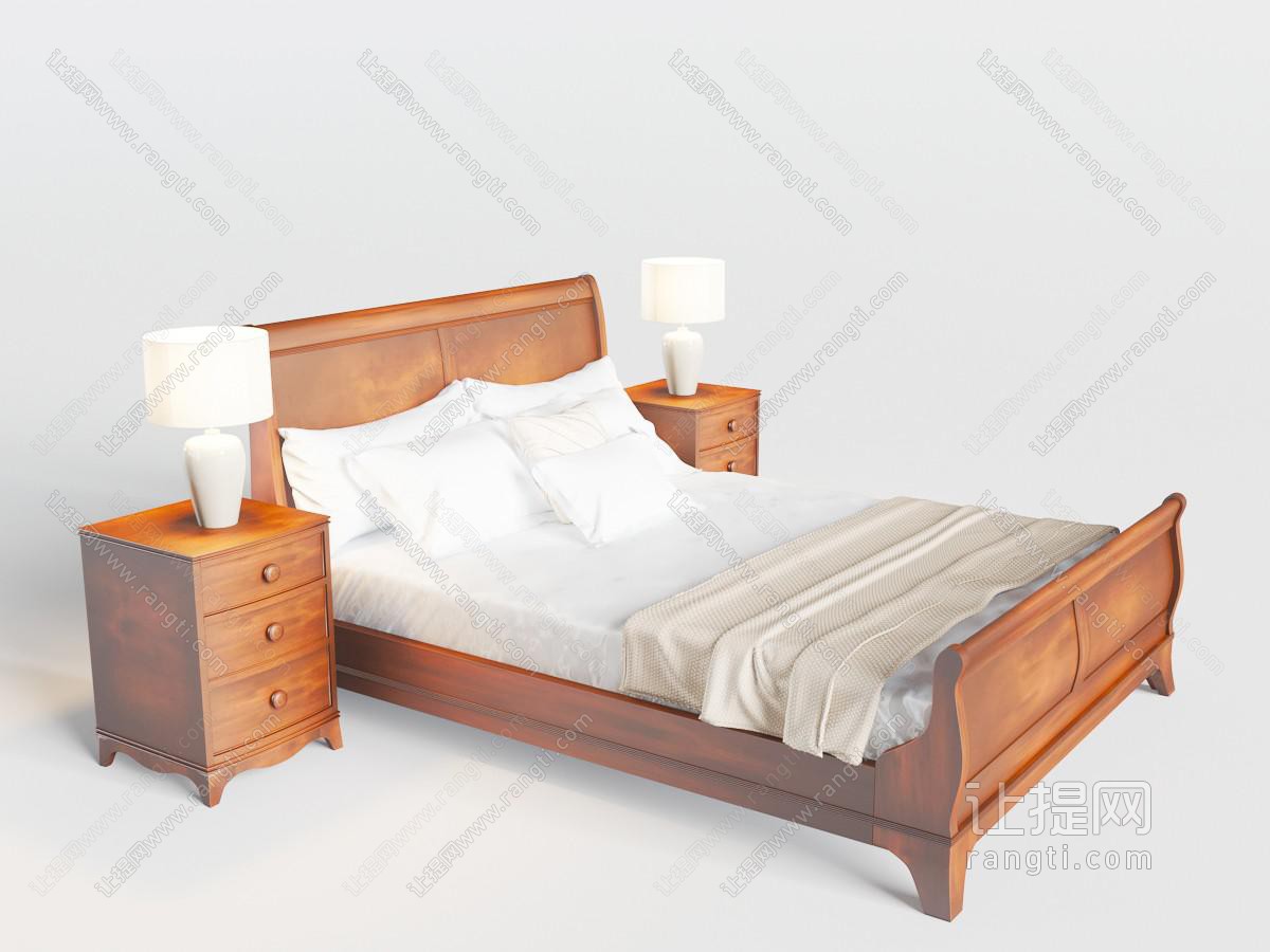 美式实木双人床、床头柜
