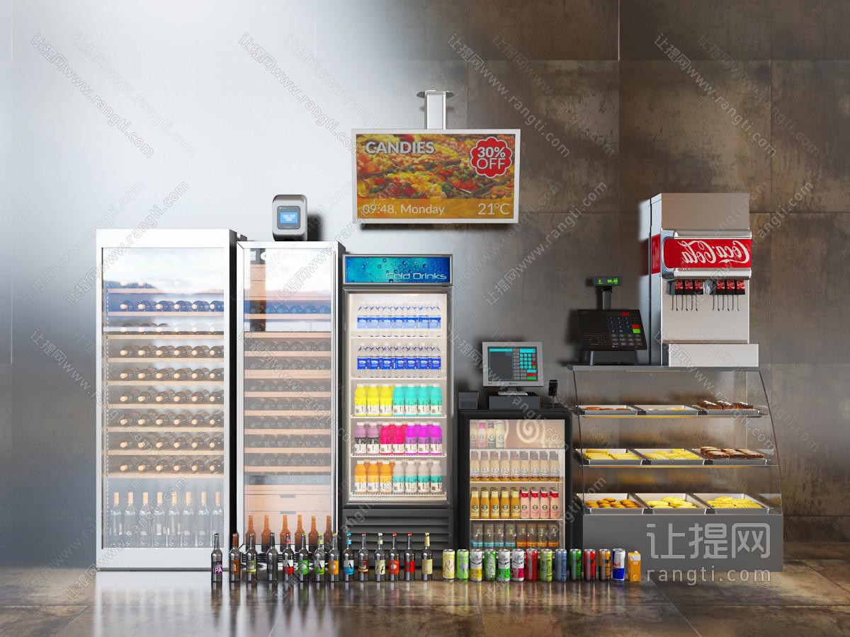 现代超市商场饮料保鲜柜、冰柜和饮料机
