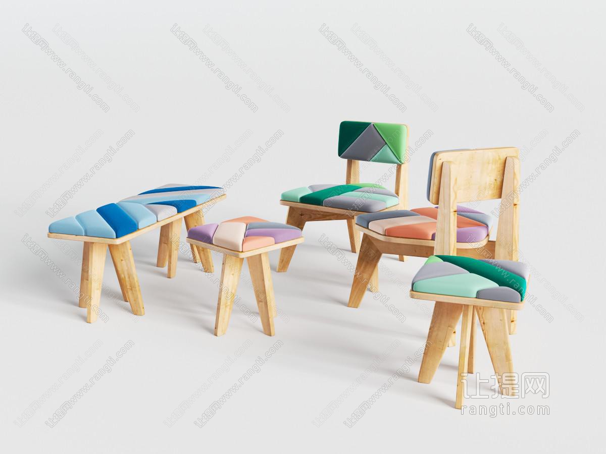现代装饰彩色坐垫的实木凳子和休闲椅子