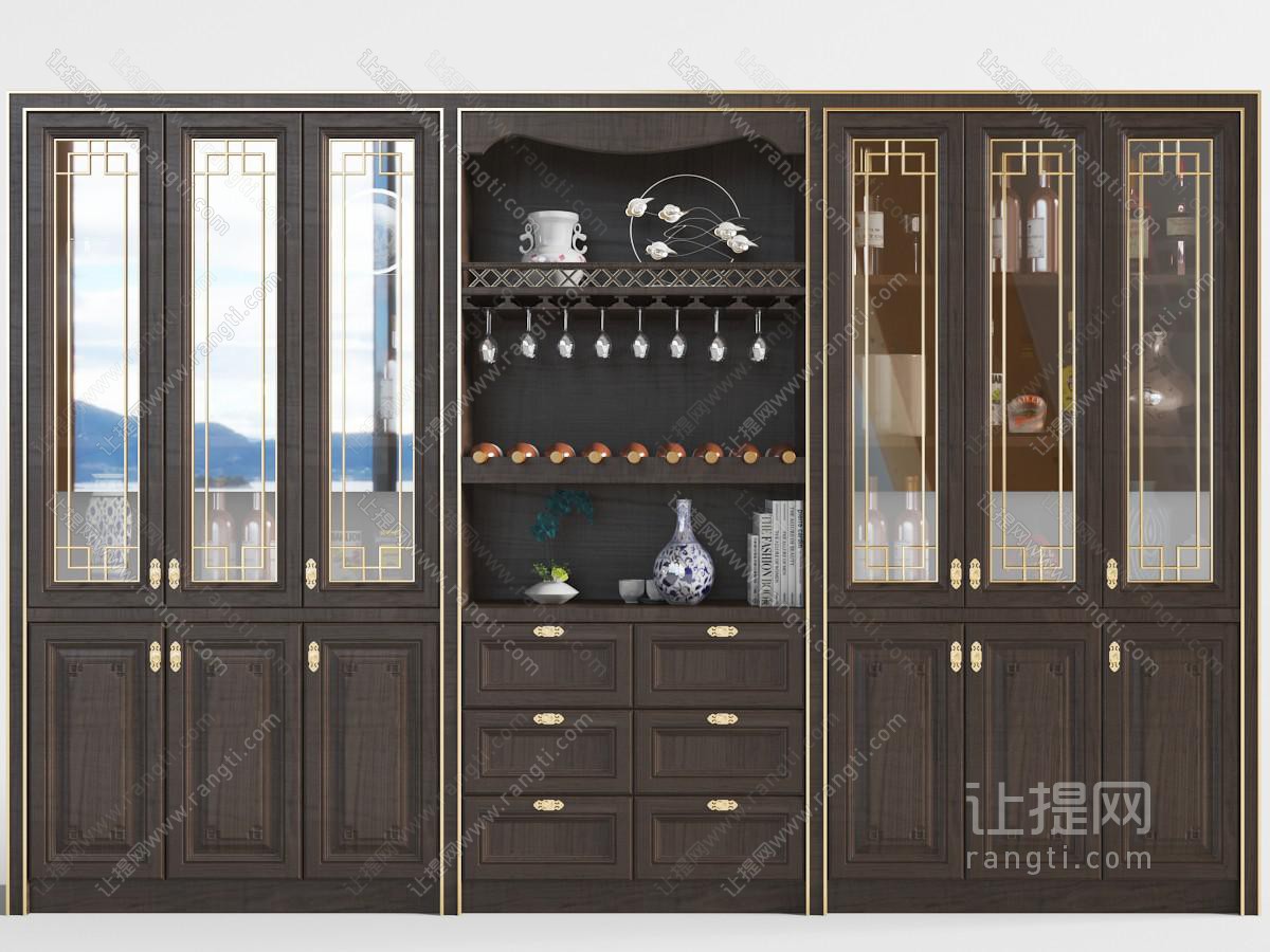 新中式实木对称三开玻璃门酒柜