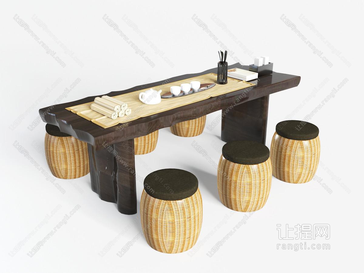中式原木茶桌鼓形凳子