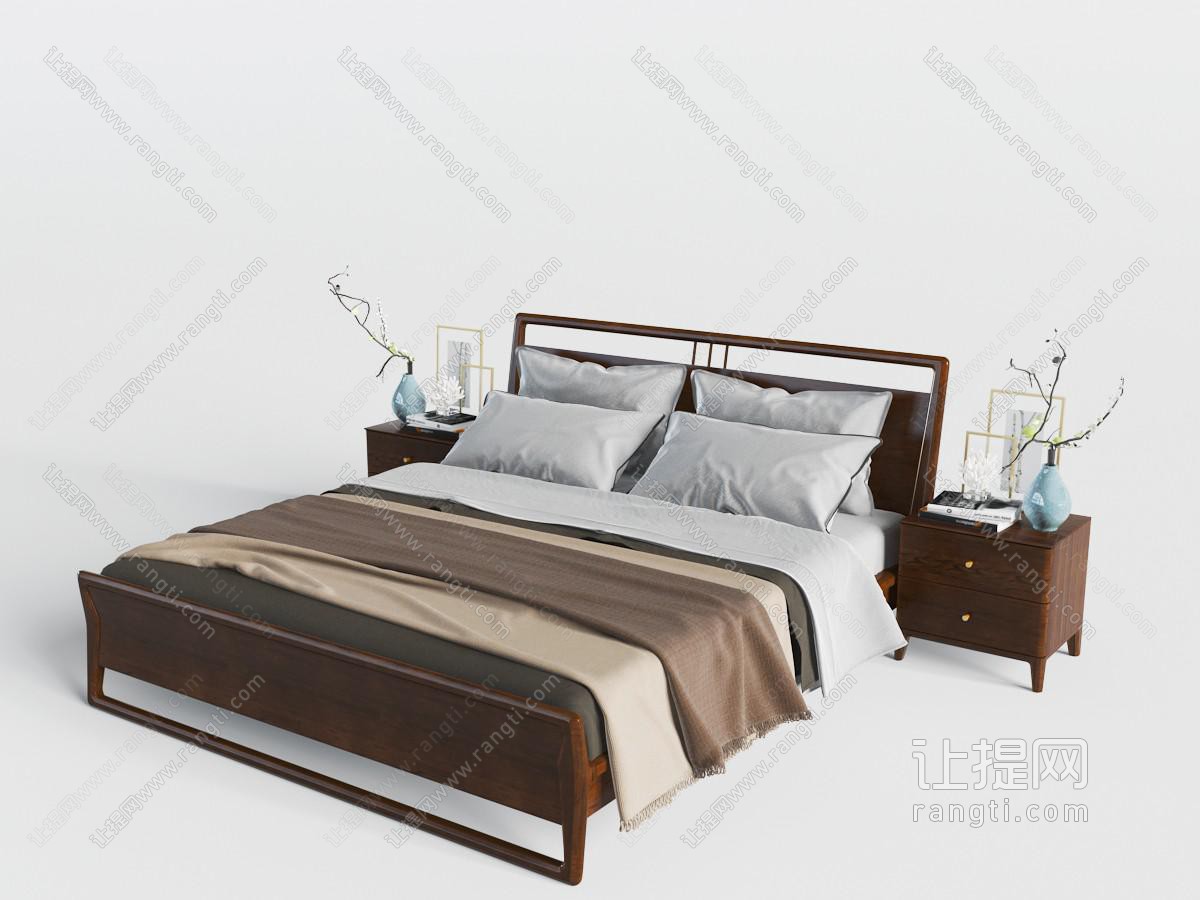 新中式实木双人床和床头柜