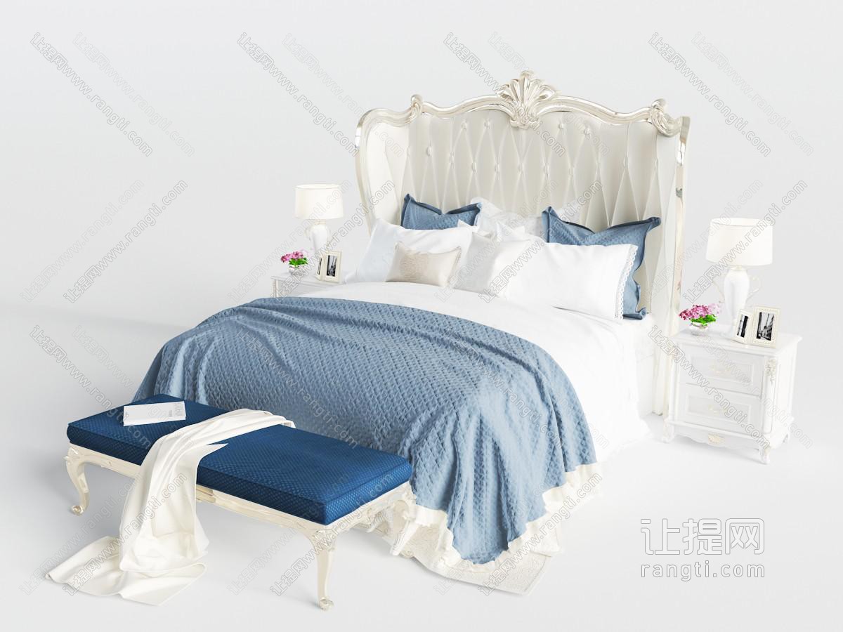 欧式白色双人床床尾凳
