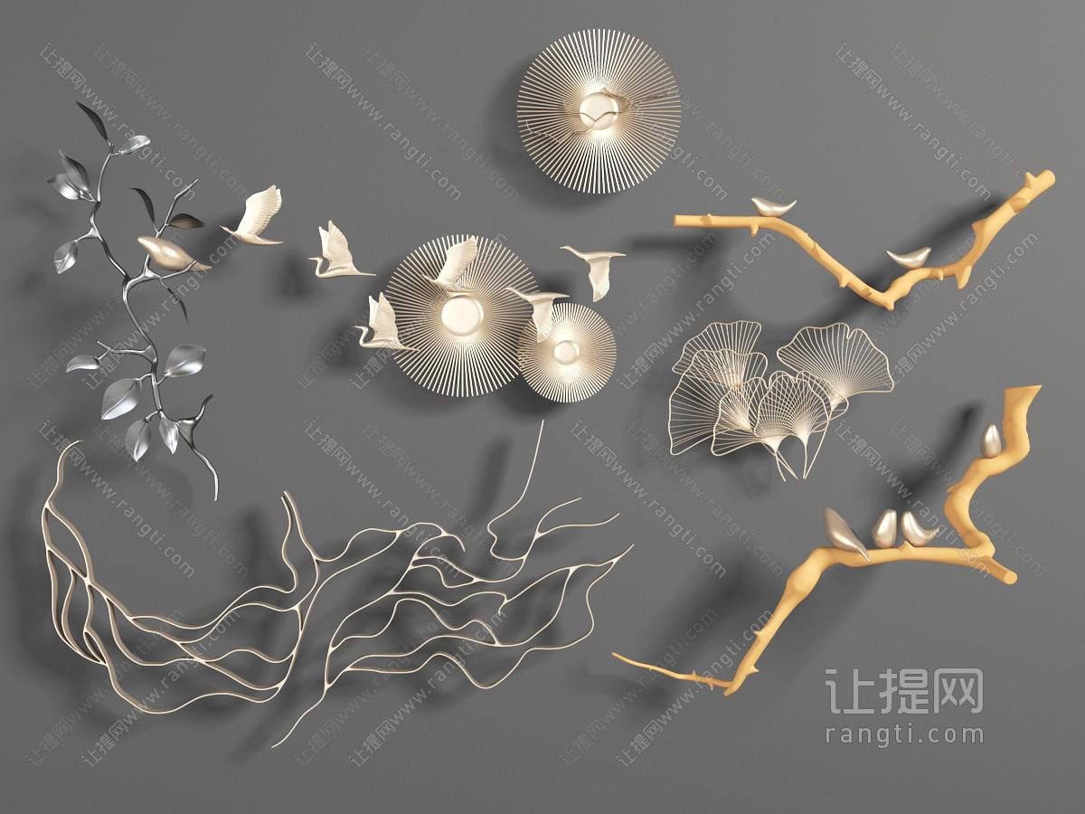 中式仙鹤、银杏叶金属雕花墙饰挂件