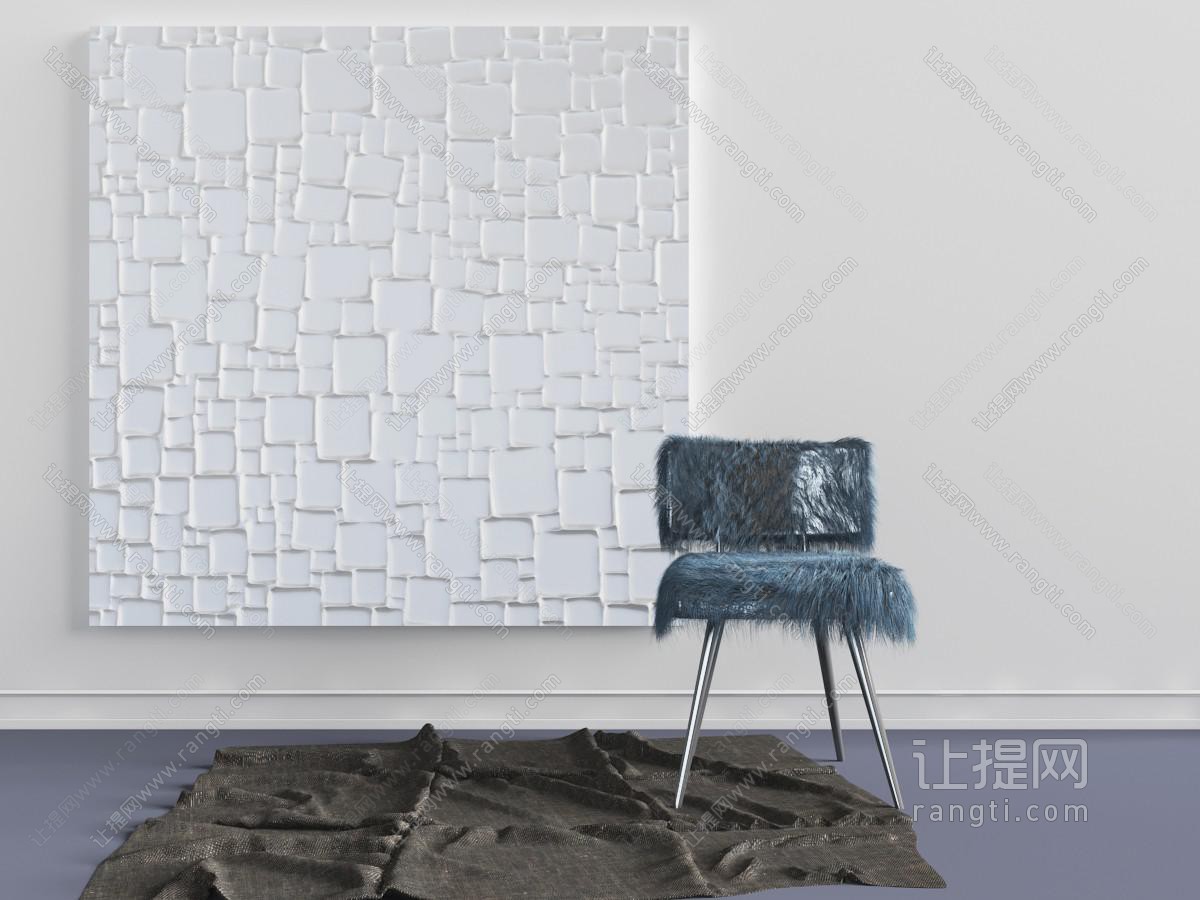 现代湖蓝色皮草坐垫休闲椅