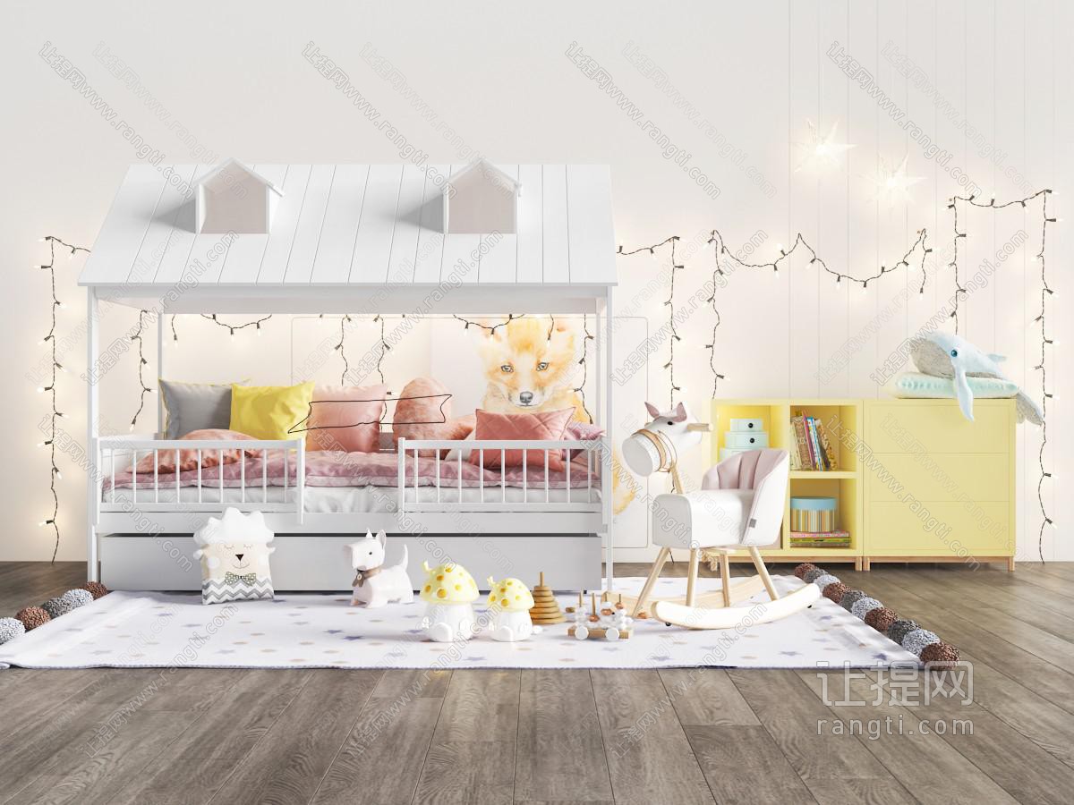 北欧白色木屋房子儿童床、装饰柜和玩具