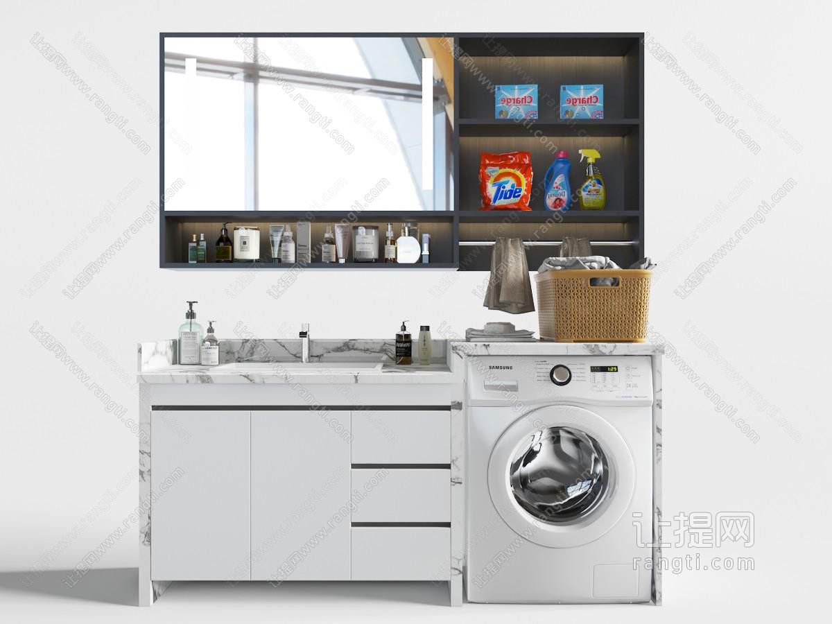 现代嵌入洗衣机洗手池的置物储物柜