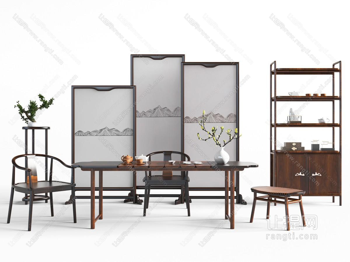 中式实木茶桌椅和屏风