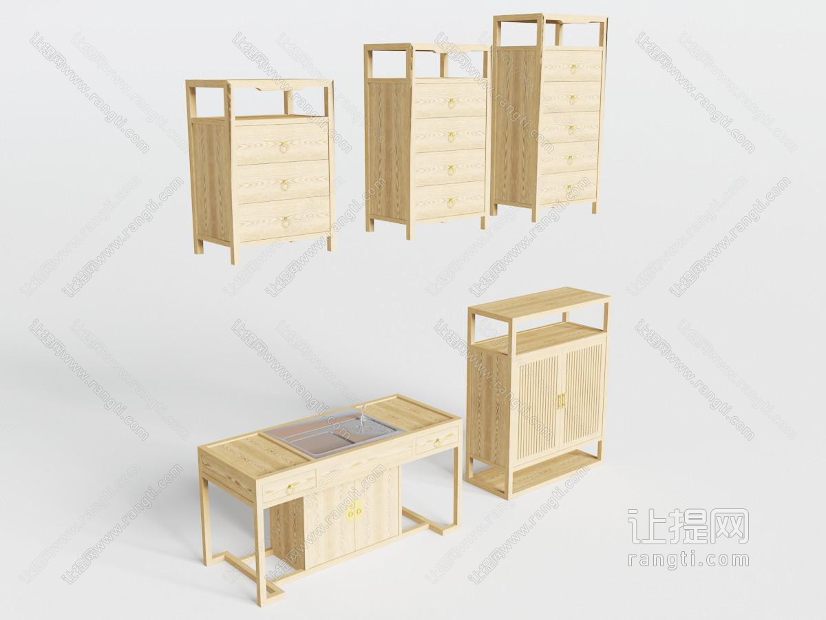 新中式实木茶桌、装饰柜和玄关柜