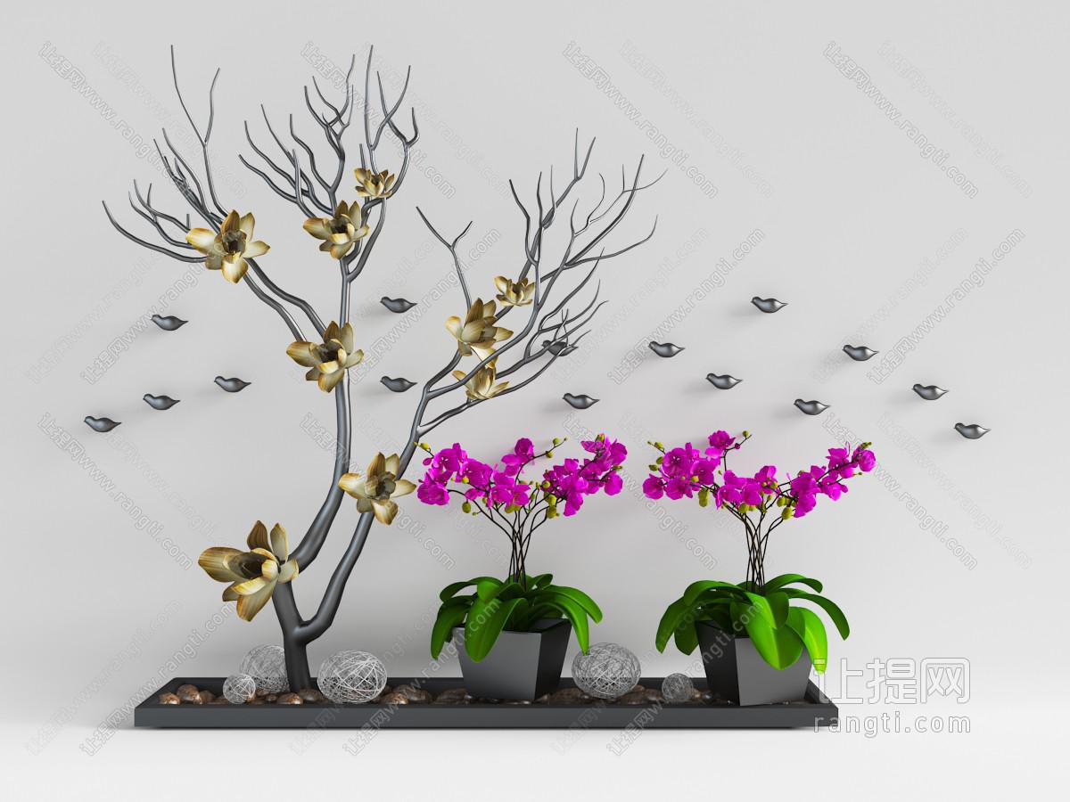 中式干枝花朵、花盆花卉盆栽饰品摆件