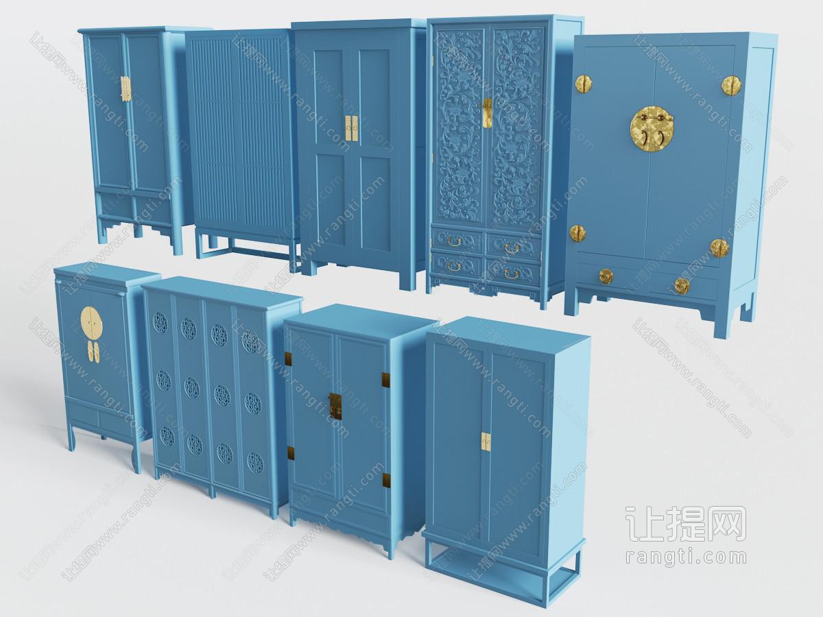 中式蓝色雕花装饰柜