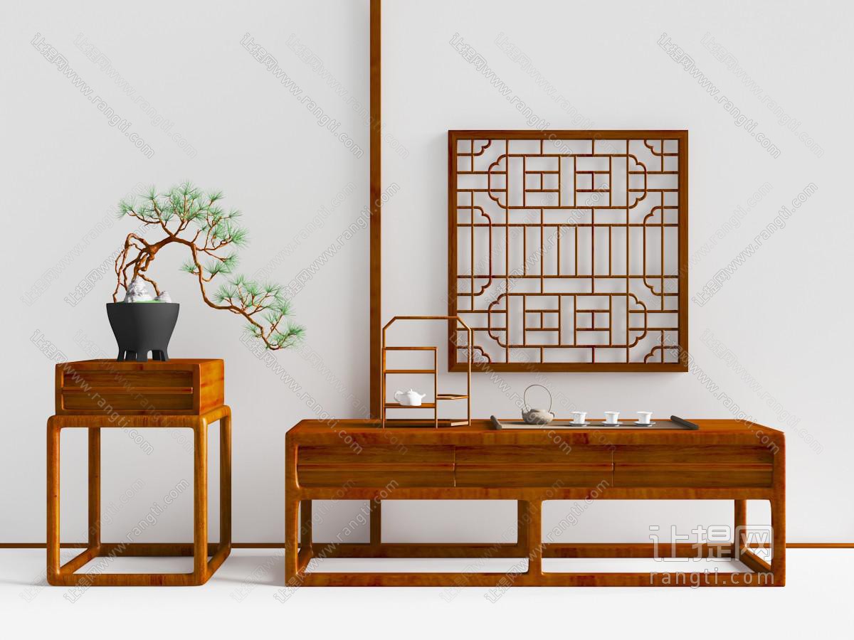 中式实木茶桌、实木花架盆景