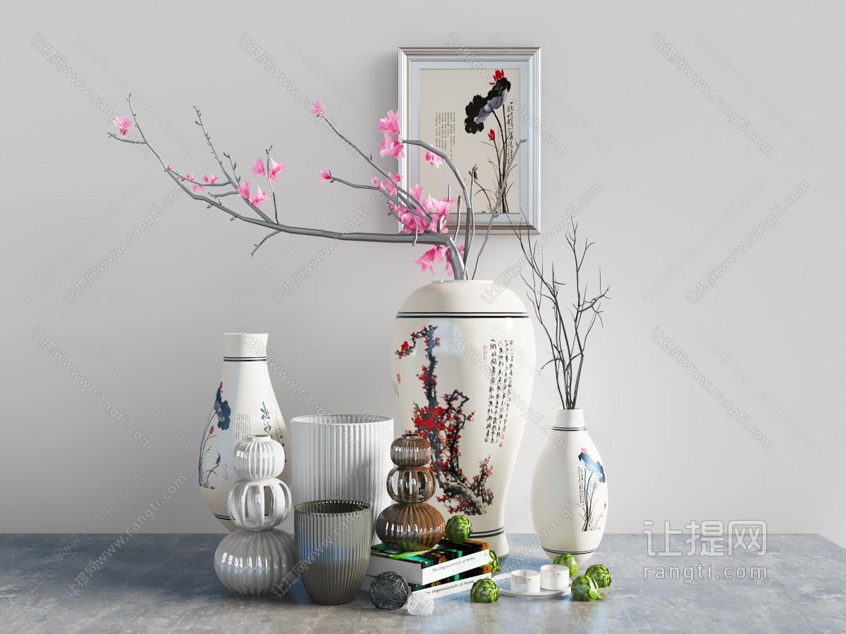 新中式梅花图案的白色陶瓷花瓶干枝摆件