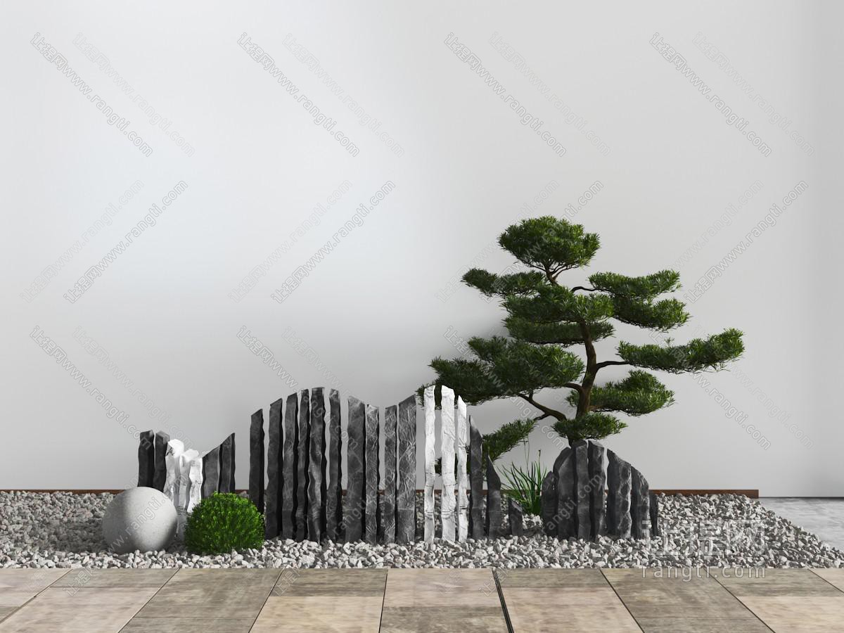新中式庭院石头、松树景观小品