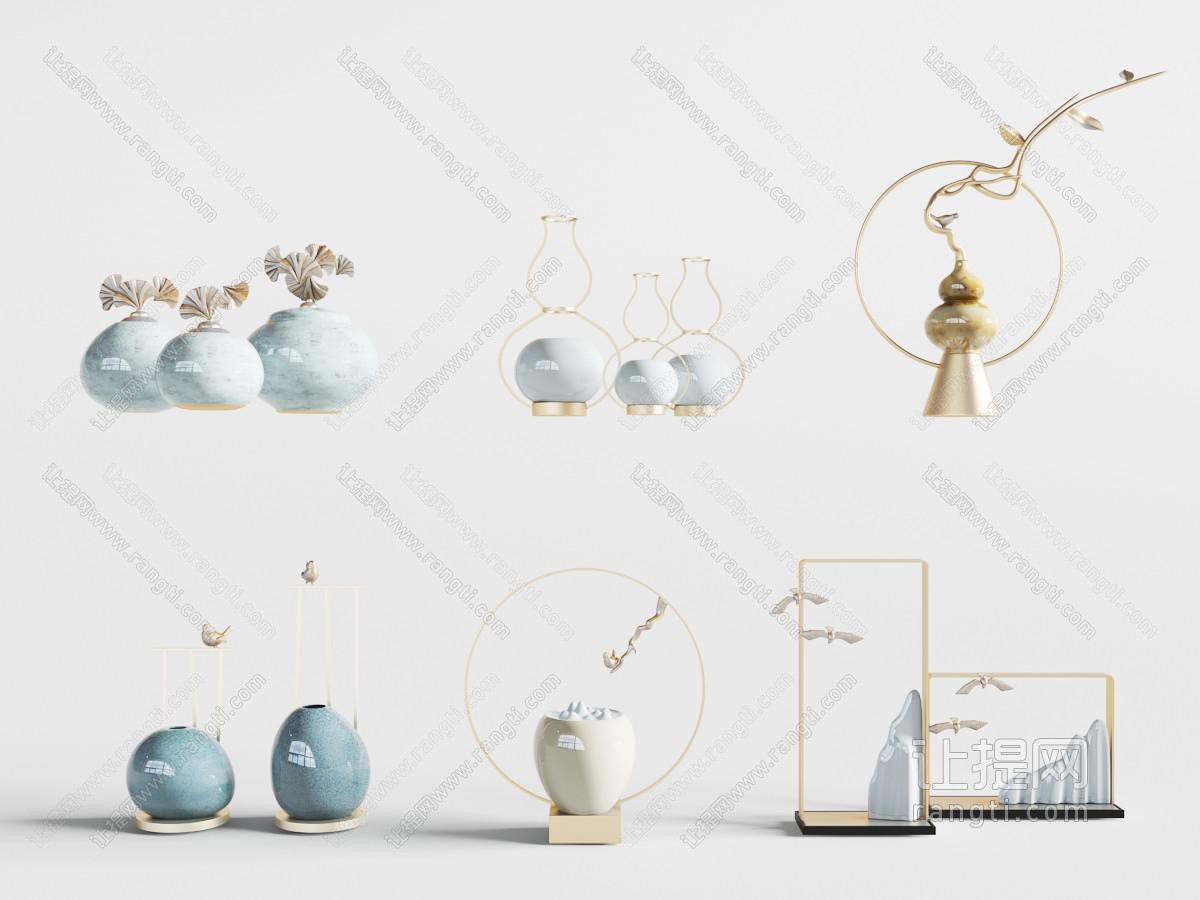 新中式陶瓷花瓶、葫芦造型的饰品摆件组合