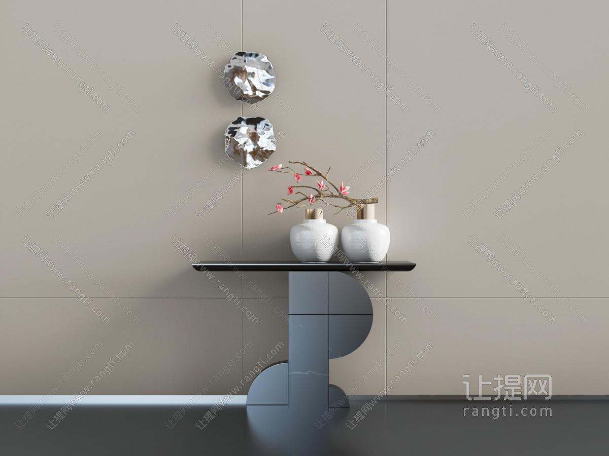 新中式轻奢黑色端景台、陶瓷花瓶摆件