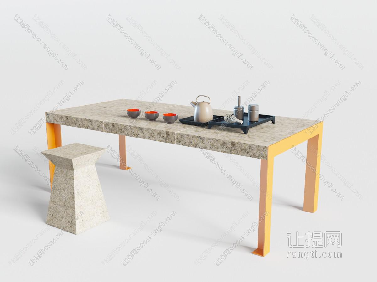 新中式大理石纹理台面茶桌凳组合的