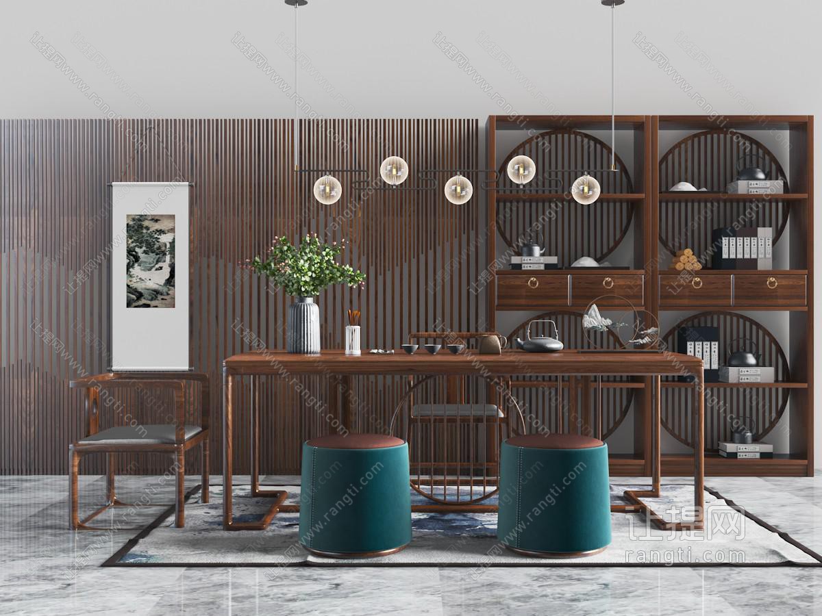 新中式实木弓字形支撑的茶桌椅组合