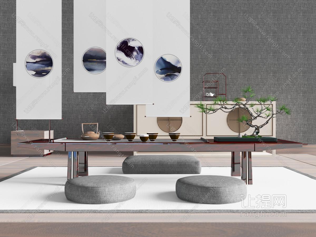 新中式榻榻米上的实木长方形茶桌、茶具和坐垫