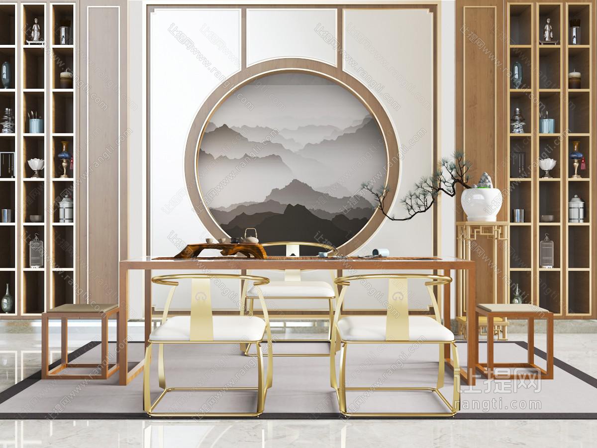 新中式实木长方形茶桌椅组合、花架盆景