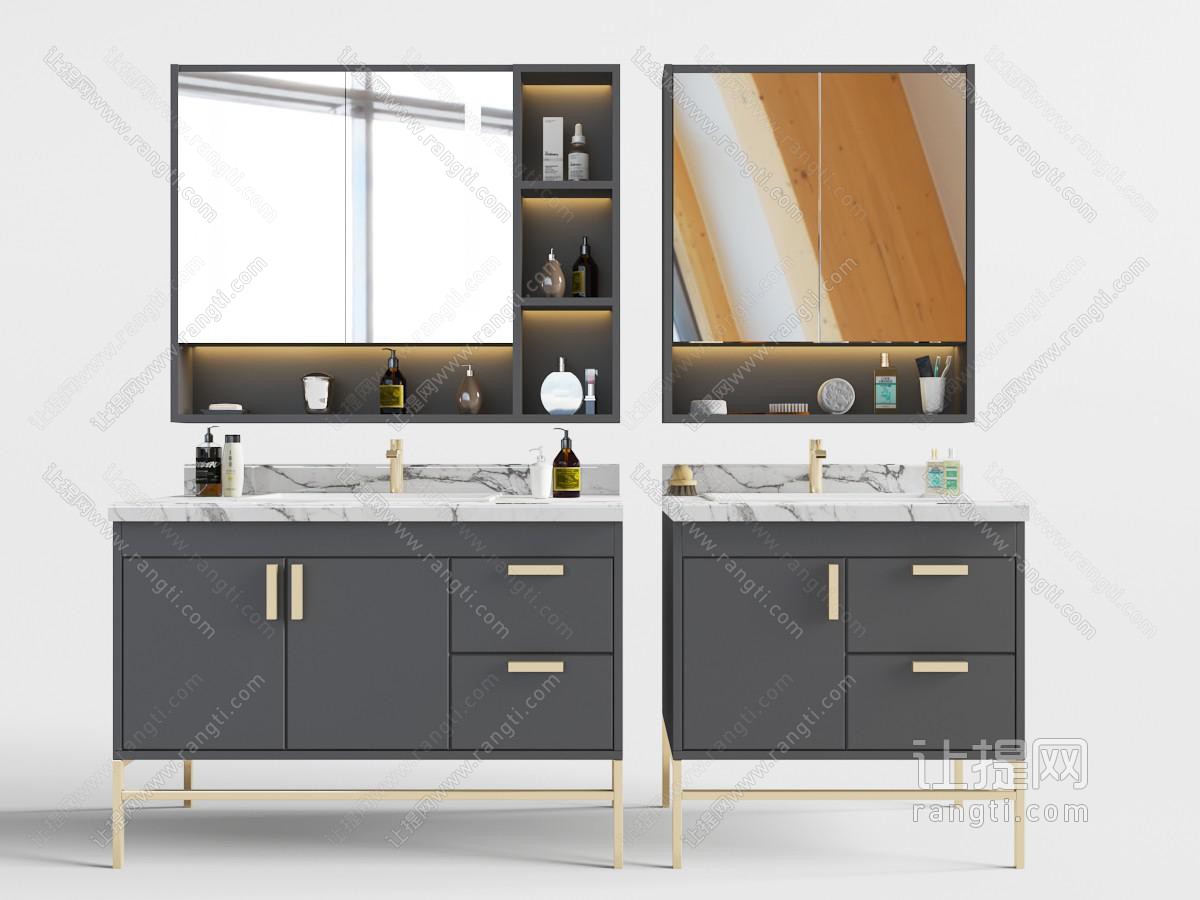新中式大理石台面的洗手台洗手盆和浴室镜