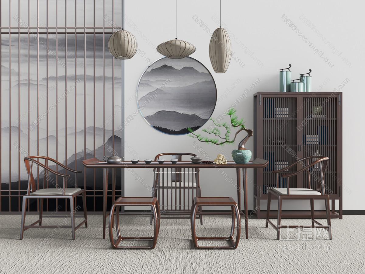 新中式轻奢长方形实木茶桌椅组合