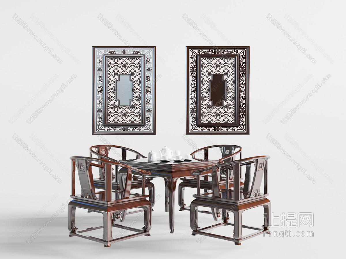 纯中式茶桌椅、装饰画框组合
