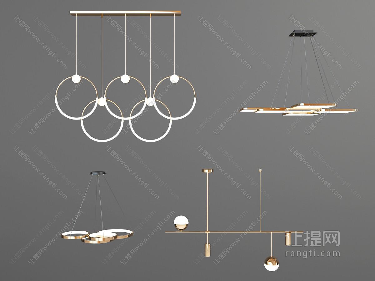 现代铁艺五环吊灯3d模型下载_模型ID:55719-让提网