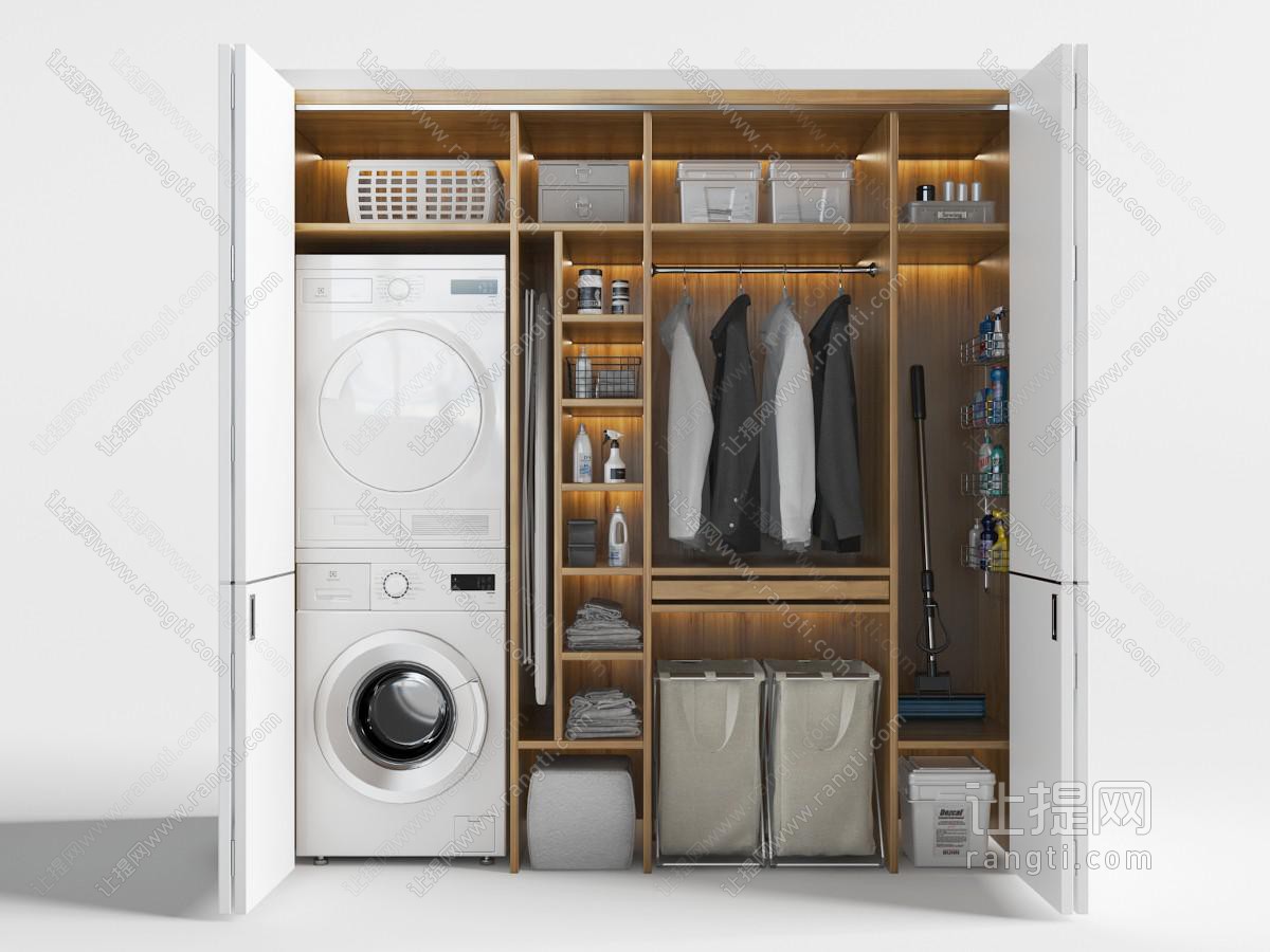 现代嵌入洗衣机、烘干机的置物柜储物柜