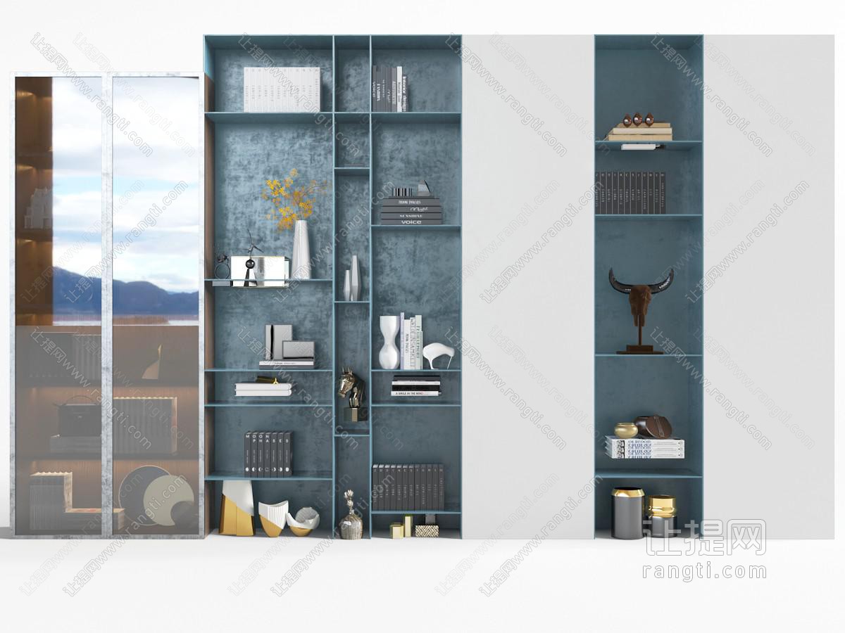 现代蓝色嵌入墙内的装饰置物柜